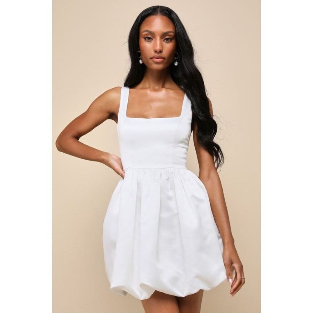 Lulus Regal Cutie White Satin Square Neck Bubble-hem Mini Dress - Size M
